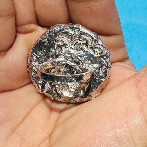 Artisan Silver & Blue Willow China Statement Cocktail Rose Ring Size 9 - Picture 7 of 16